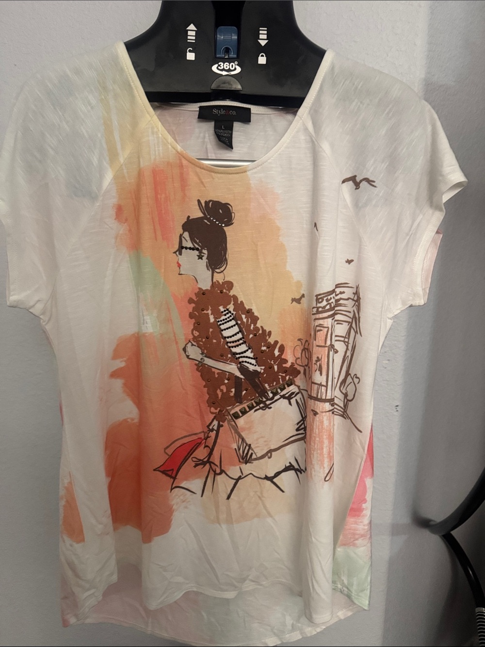 Style & Co. White Short-Sleeve Graphic Tee with Orange & Peach Accents